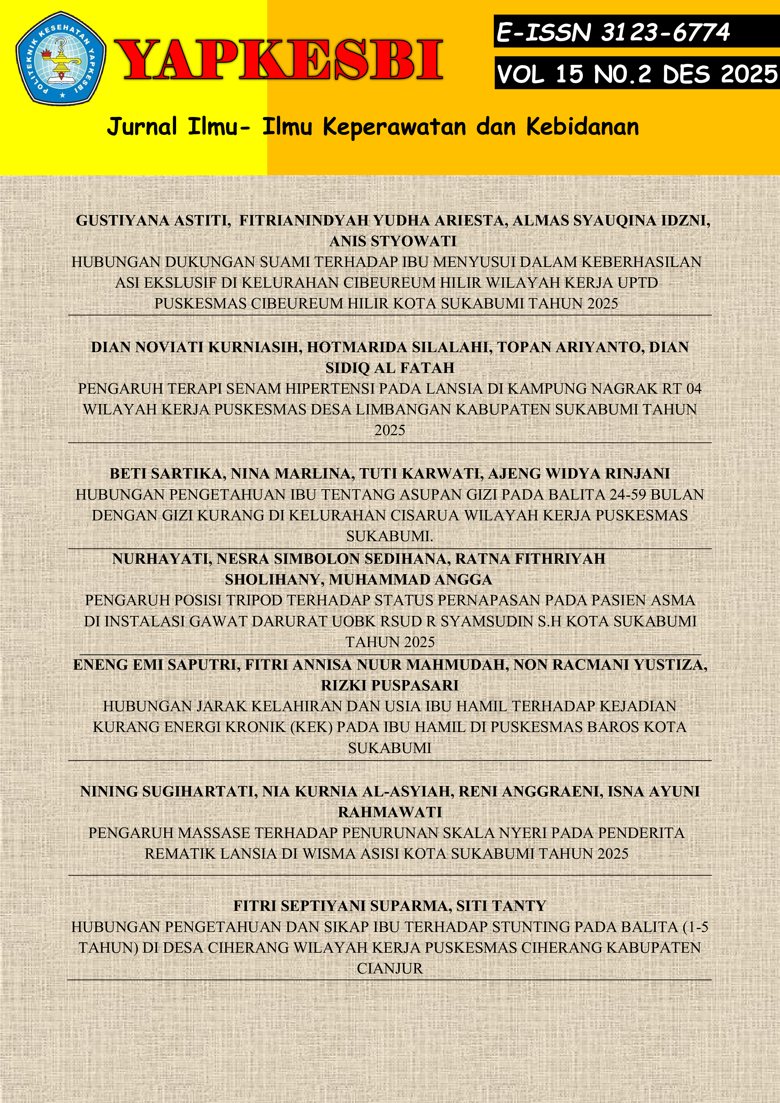 					View Vol. 15 No. 2 (2025): Jurnal Ilmu-Ilmu Keperawatan dan Kebidanan
				